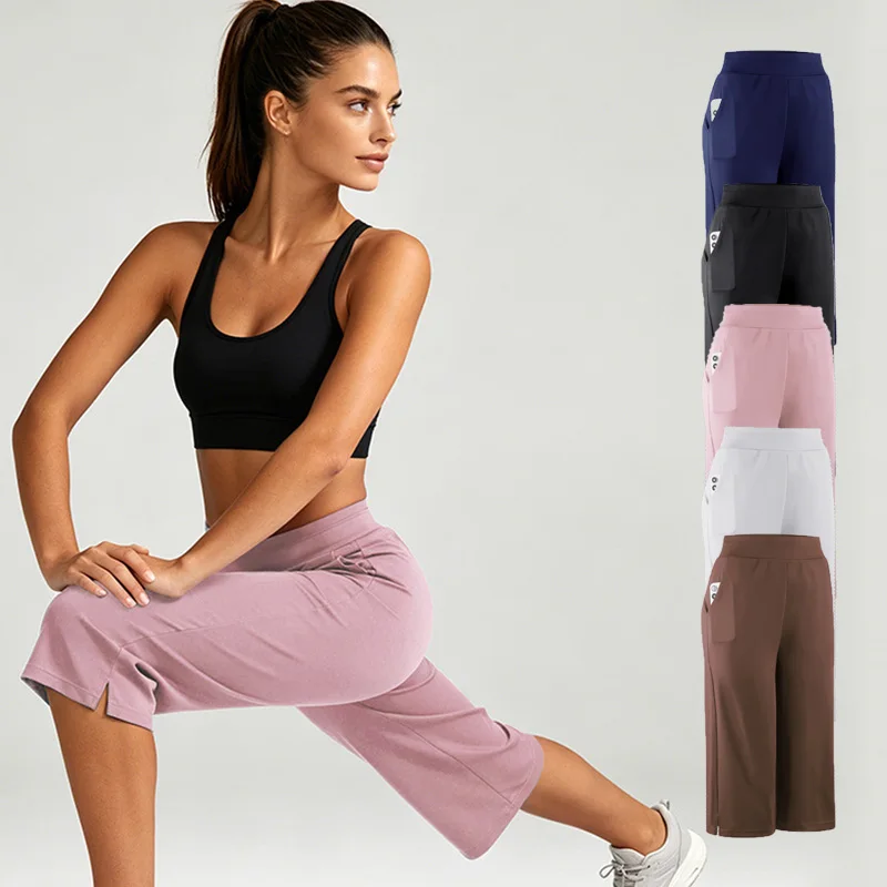 Women Running 3/4 Palazzo Pants Yoga Workout Fitness Sports Gym Hiking Clothes Women's Wide-leg Capri Trousers For Female B9171