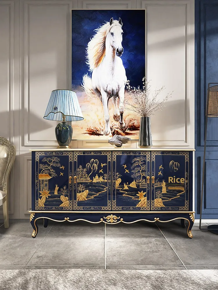 ^New Chinese-style Light-Luxury Entryway Shoe Cabinet Solid Wood Storage Double Doors 3 Compartments Vintage Room Divider Foyer