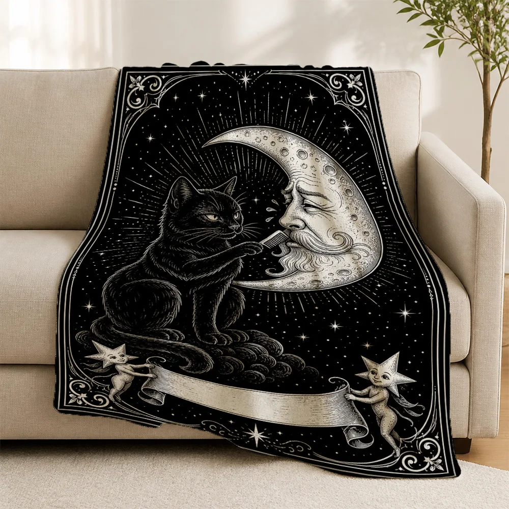 Celestial Moon Cat Throw Blanket Tapestry Boho Chic Witchy Cosmic Sofa Decor Wall Accent Throw for Living Room Gothic Style Gift