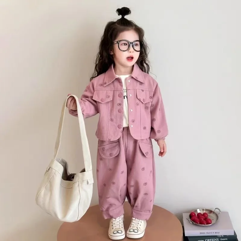 

Girls' Spring and Autumn Clothing Set 2026 New Children's Leisure Floral Coat+Pants Two Piece Set Kids Outfits Trendy