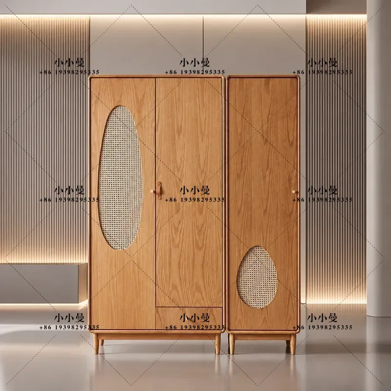 New Chinese Style Rattan Solid Wood Wardrobe Large Capacity Three Door Partition Multi Functional Bedroom Storage Cabinet