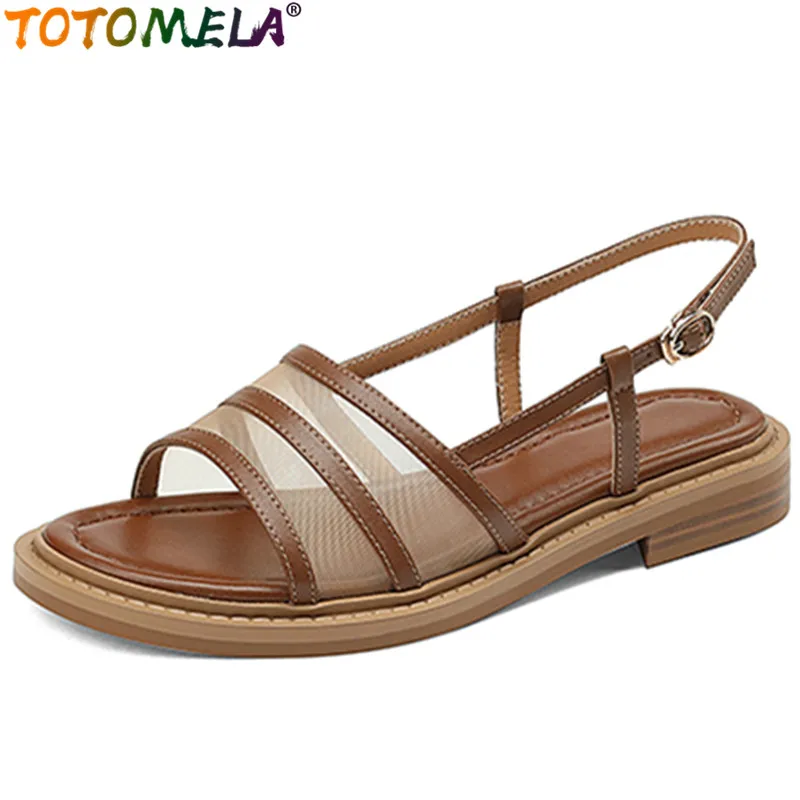 

TOTOMELA 2022 New Back Strap Vintage Genuine Leather Sandals Woman Mixed Colors Square Low Heels Shoes Ladies Dress Sandals