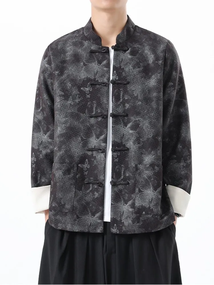 

Новая китайская мужская рубашка с длинным рукавом и вышивкой, в стиле ретро, на пуговицах, в стиле Тан, Ханьфу, модная, свободного кроя, молодежная