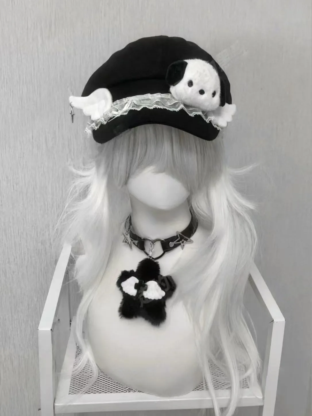 Y2k Harajuku Girl Oryginalna Subkultura Panda/Pies Anielskie Skrzydła Koronkowy Beret Śliczne Ośmiokątne Czapki dla Dziewczynki Lolita