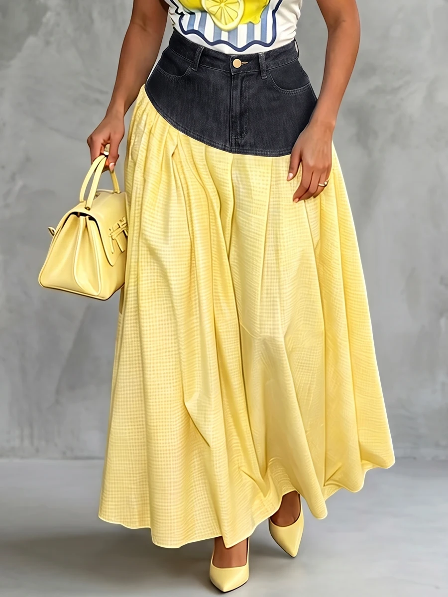 Freeacy 2026 Summer New Contrast Color Maxi Skirt for Women Denim Waistband A-line Pleated Flowy Yellow Skirt Elegant Bottoms