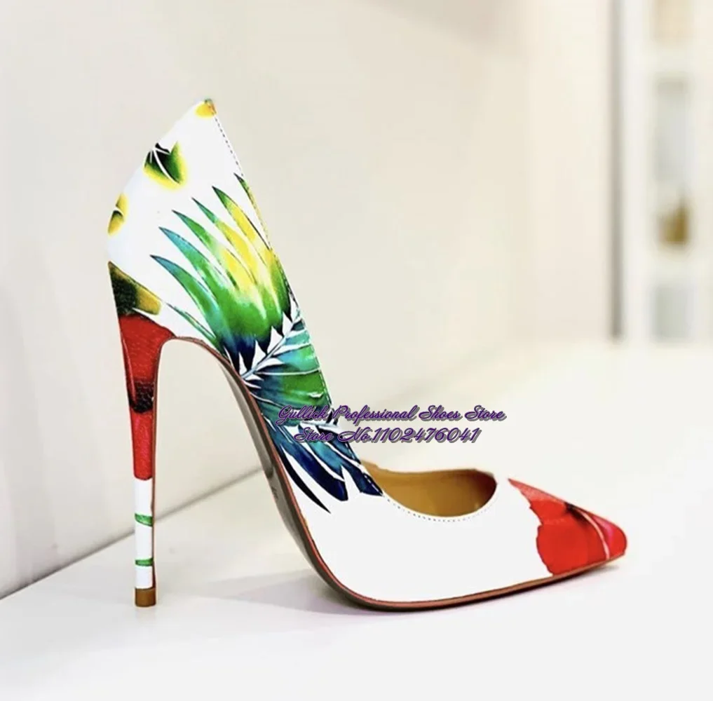 

Women Green Banana Leaves Red Flowers Printed Wedding Shoes 12cm 10cm 8cm Sky High Heel Shallow Pumps Pointed Toe Slip-On Shoes