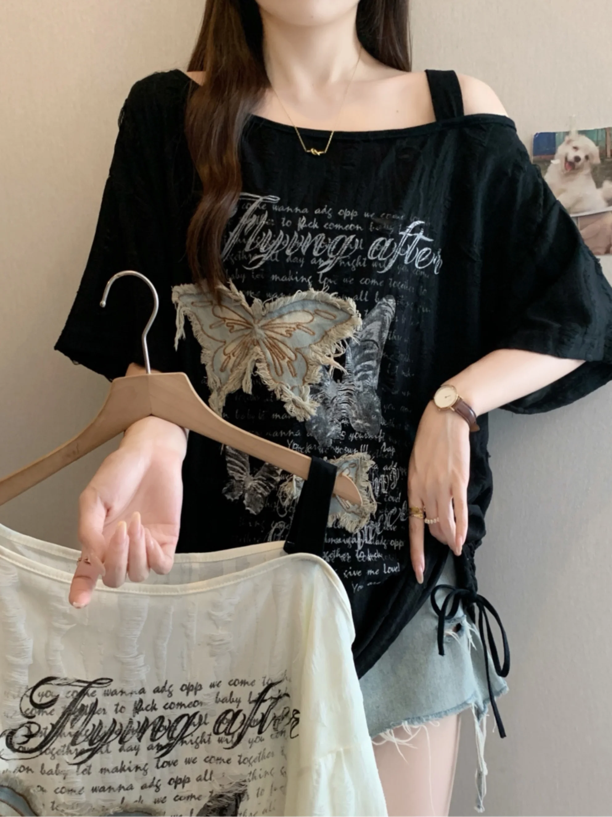 

American Sle Loose Fit Embroidered oulder Bared T irt Women Summer plus Size Slimming Casual ort Sve Top