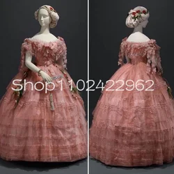 Rose Pink History Tunic Evening Formal Dresses Vintage Ruffles Lace Applique Floral Bustle Corset Victorian Duchess Prom Gown