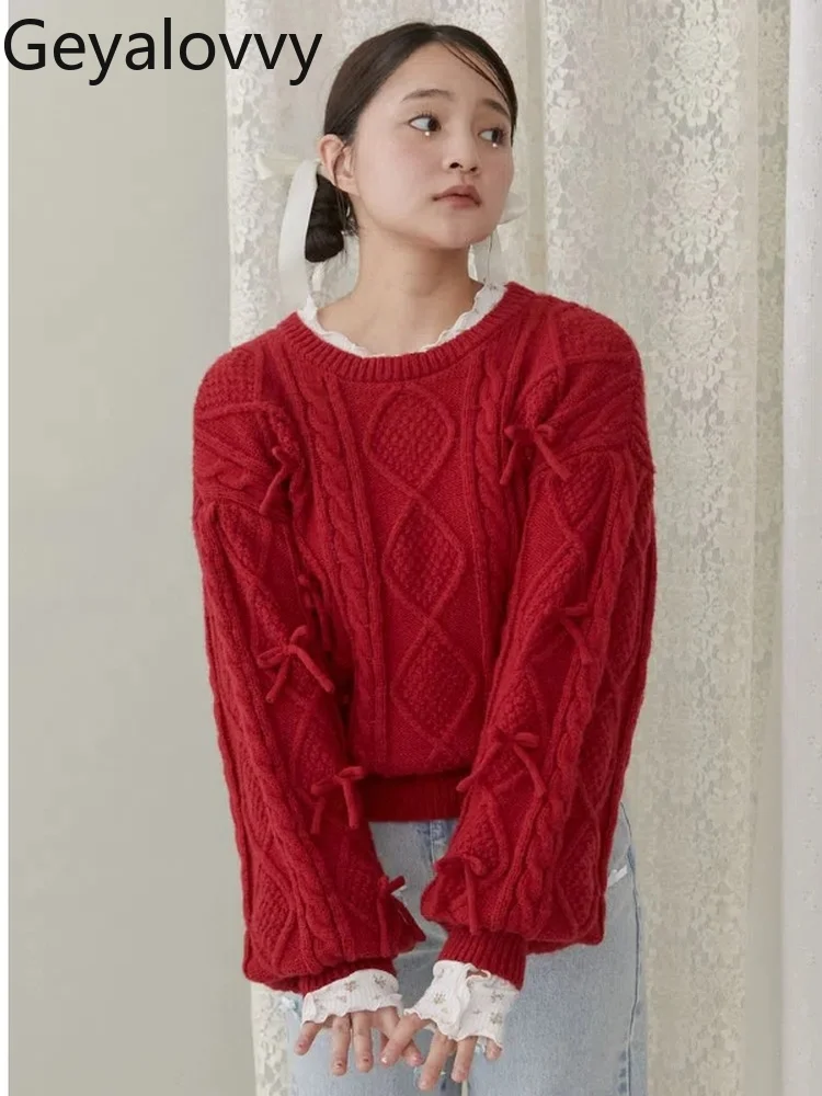 和風純粋な甘い女の子風リボンラウンドネックプルオーバーセーター秋冬新作万能ダイヤモンドボウ長袖セーター