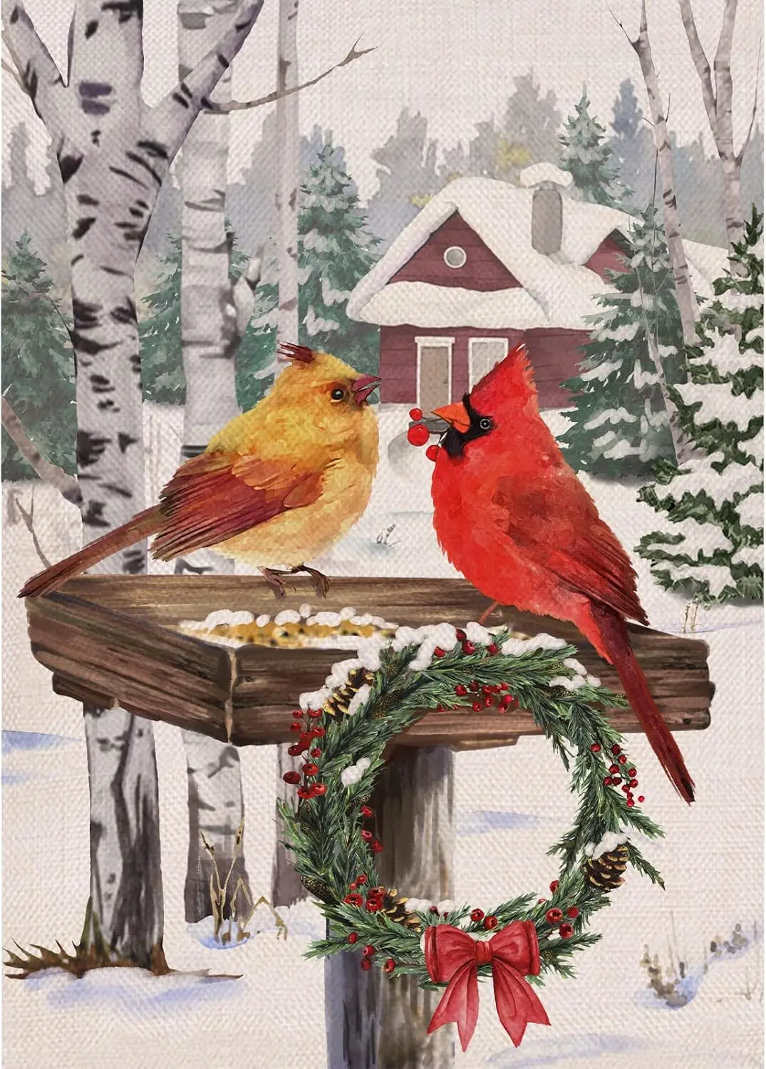 Selmad Winter Cardinals Couple Decorative Burlap Garden Flag, Snowy Red Yellow Birds Home Yard Small Outdoor Decor, Christmas Wh