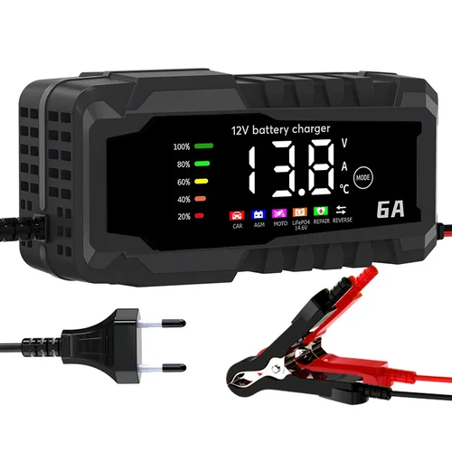 Imagen 1 del producto Cargador de batería de coche con pantalla a Color, dispositivo de carga de batería de coche y motocicleta de 6A y 12V, reparación inteligente de batería de plomo-ácido