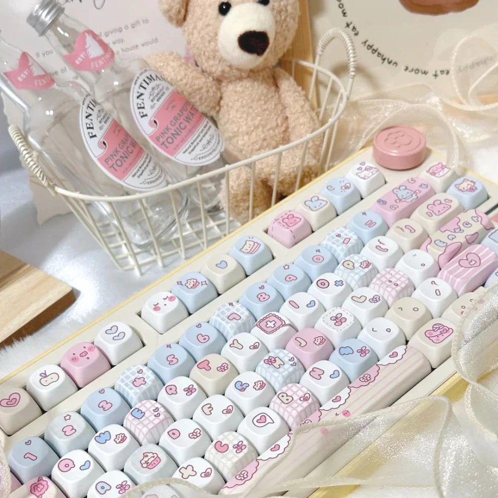 123Keys Keycaps Pink Blue Bobo Rabbit Full Five-Sided Thermal Sublimation Pbt Keycaps Roa Cute Cartoon Pink Keycaps For Girls