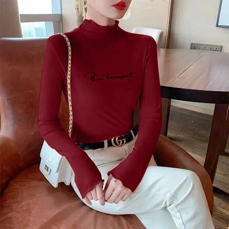 2023 New Women Oversized Outer Wearing Half High Collar Base Shirt Versatile Autumn Winter Letter Printed T-shirt Top Undershirt