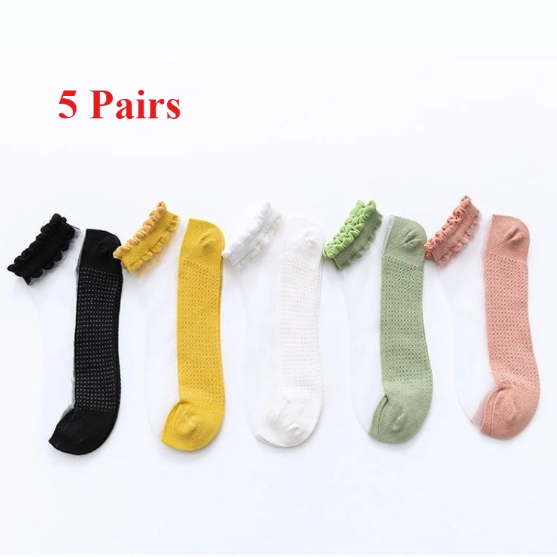

5 Pairs of Women's Glass Fiber Summer Mesh Short Socks Tulip Thin Pink Series Short Socks Transparent Card Silk Boat Socks