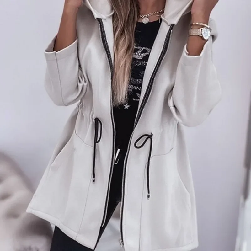 2024 Summer Spring New Fashion Women\'s Clothing Hooded Pleated Nipped Waist Zipper Jacket Coat