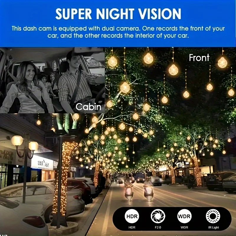 Kamera dasbor 2 lensa, DVR mobil HD 1080P, kamera perekam mobil dengan layar 2 inci, penglihatan malam, perekaman Loop, deteksi gerakan untuk Dri