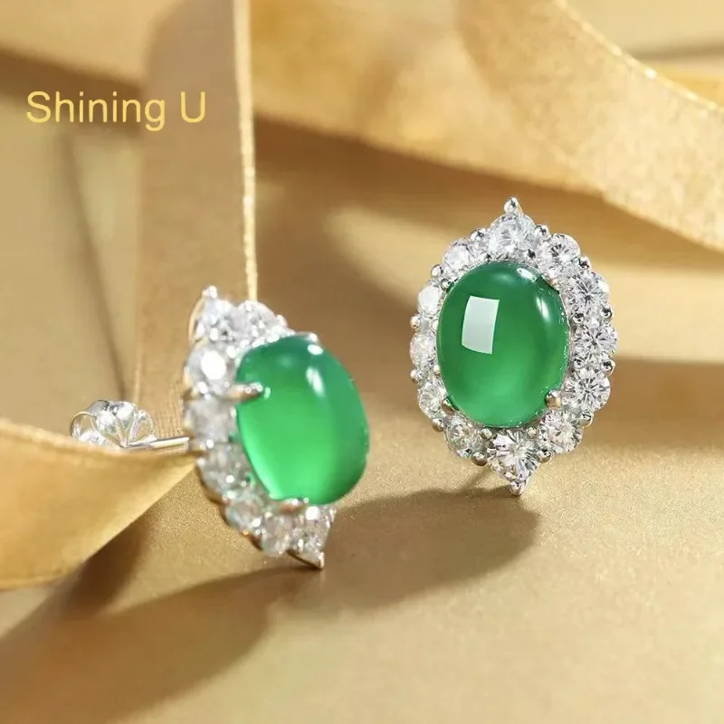 Shining U S925 Silver  8*10mm Simulated Chrysoprase Stud Earrings Fine Jewelry New Chinese Style Gift