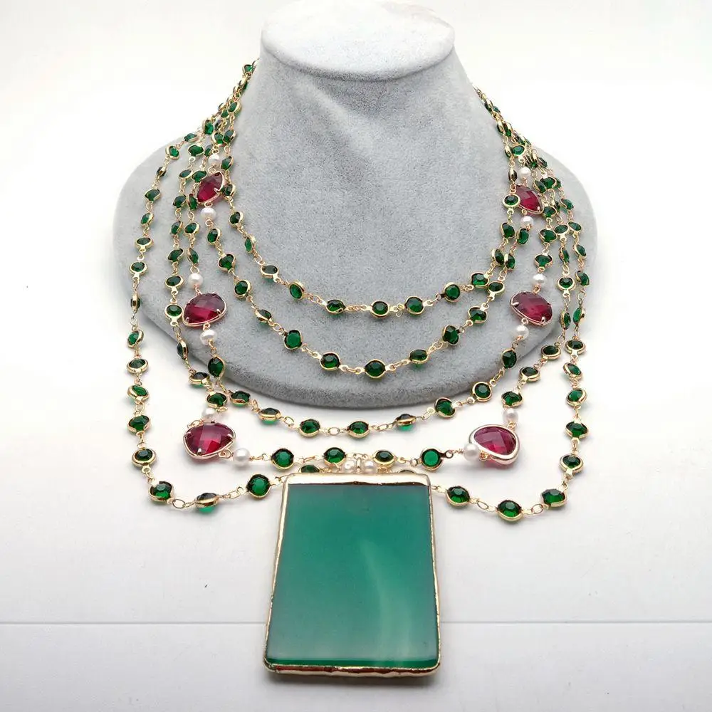 

KKGEM Rectangle Green Agate Pendant 5 Rows 18'' White Pearl Green red Crystal Chain Necklace handmade vintage party style