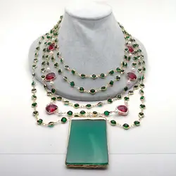 KKGEM  Rectangle Green Agate Pendant 5 Rows 18'' White Pearl Green red Crystal Chain Necklace handmade vintage party style