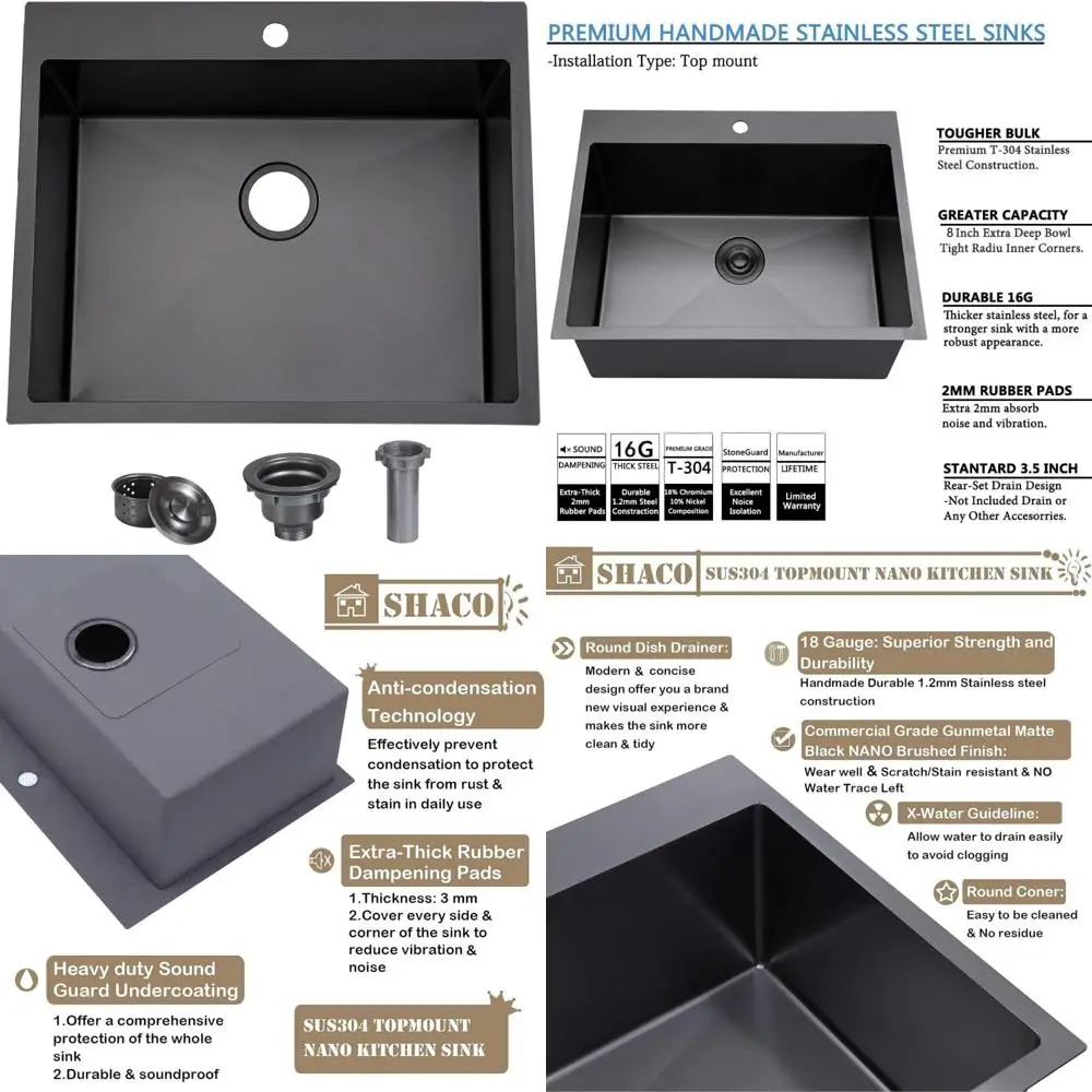 

Black 25 Inch Topmount Single Bowl Stainless Steel Kitchen Sink for Bar and Prep Area, 16 Gauge, Gunmetal Finish