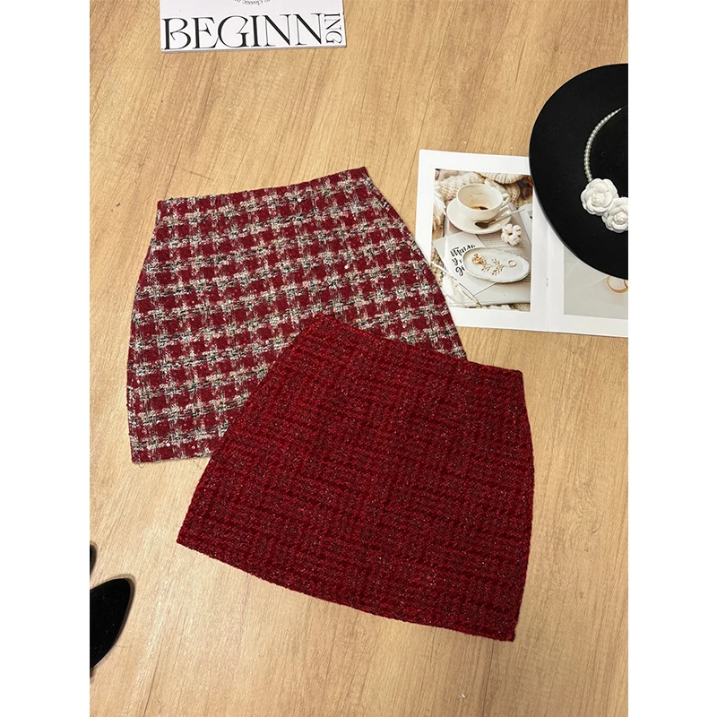 MEXZT Vintage Tweed Mini jupe femmes élégant rouge Plaid hanche portefeuille jupes hiver coréen taille haute mince conception une ligne Faldas nouveau