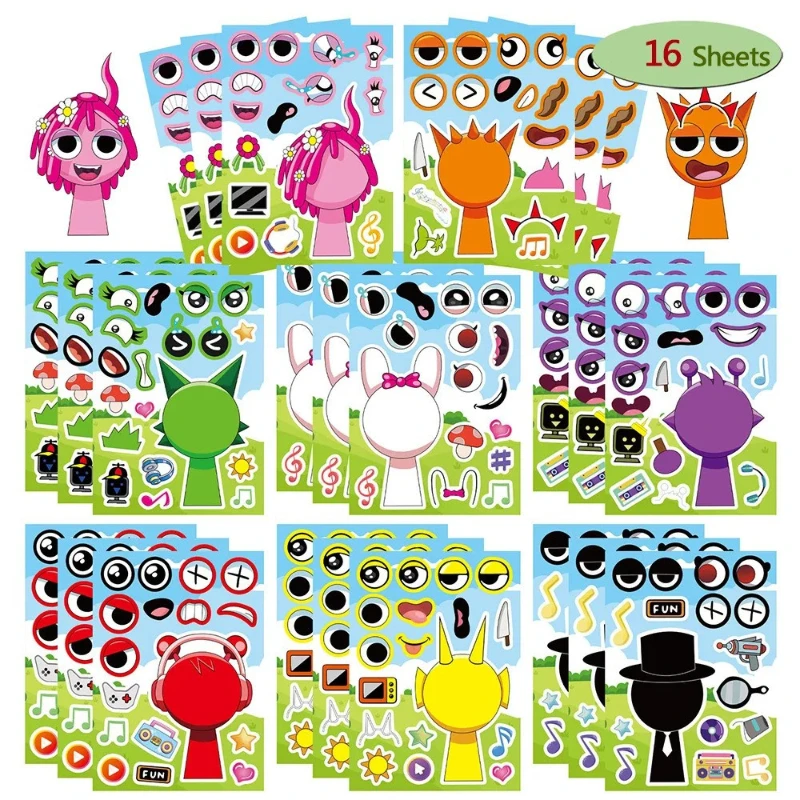 16 Sheets Incredibox Sprunki Sticker DIY Make Puzzle Sticker Party Favor Gifts