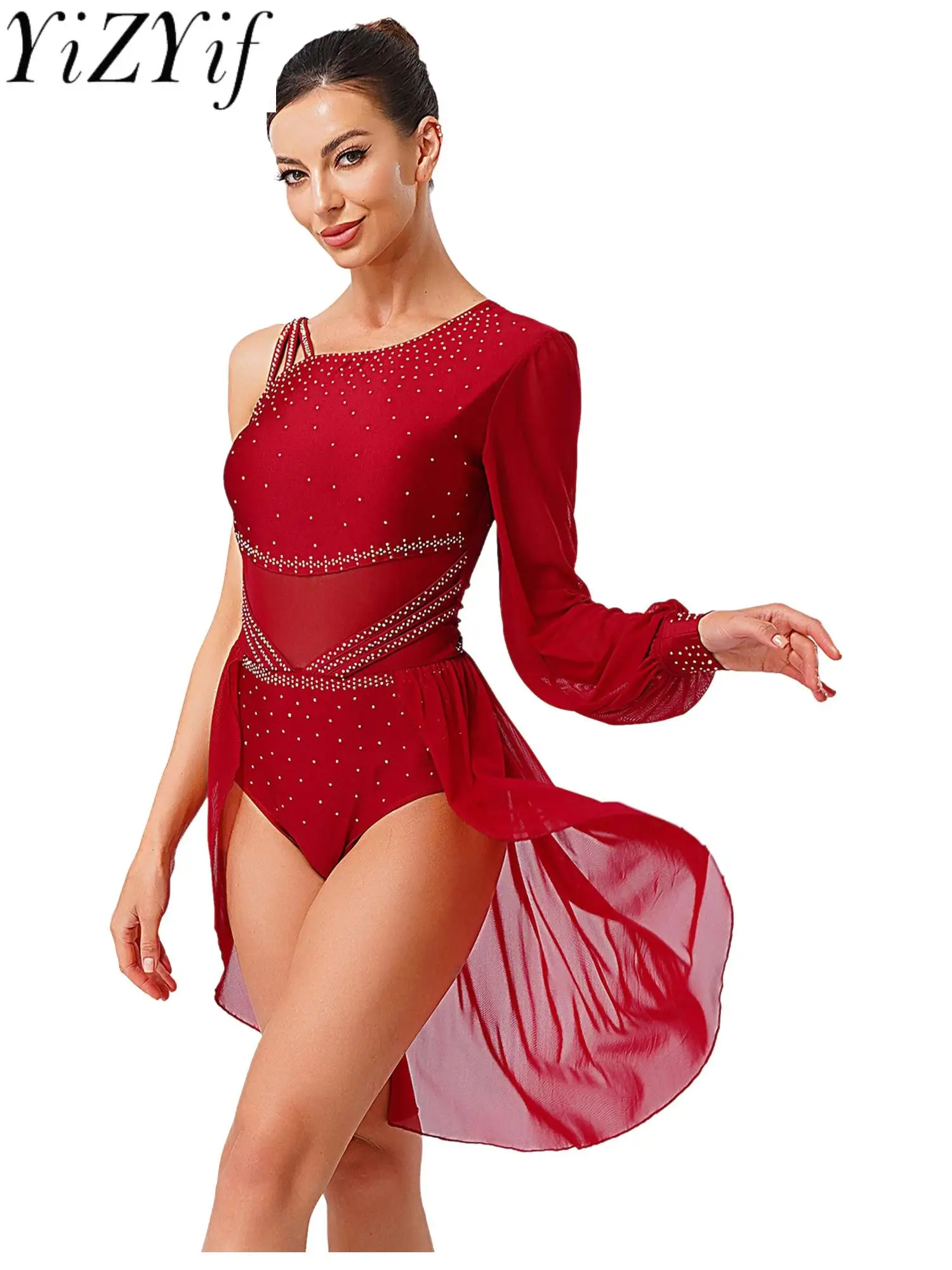 

Elegant Women Ballet Waltz Samba Rumba Dancer Dance Leotard Dress Stylish Shoulder Sequins Ballet Gymnastics Modern Dance Wear