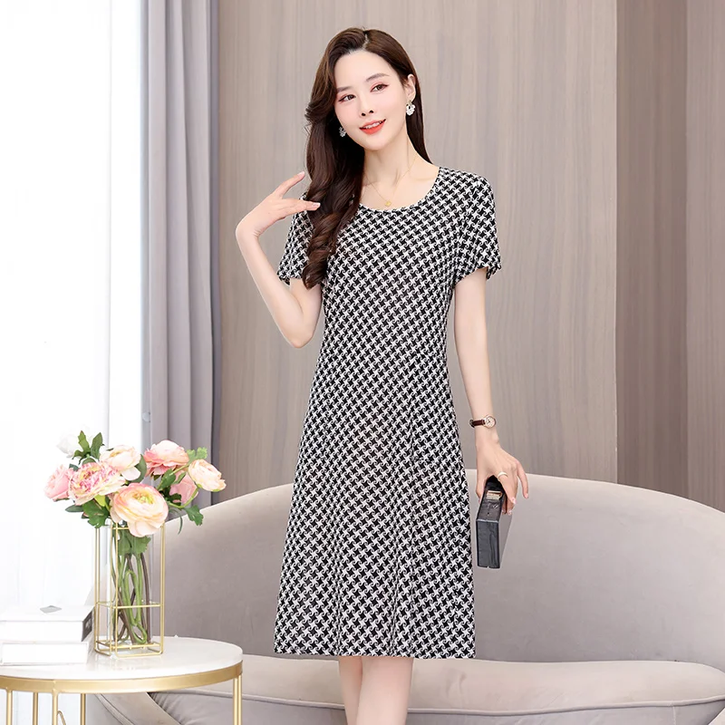 Elegant Casual Midi Dresses for Women 2023 New Short Sleeve Middle-aged Women\'s Summer Sundresses High Quality Korean Dresses