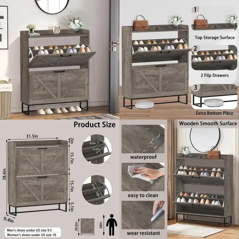 

Hidden Shoe Storage Cabinets with 2 Flip Drawers and Metal Legs, Freestanding Narrow Shoe Organizer Rack for Entryway, Rustic Gr
