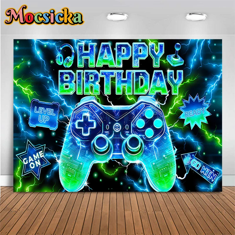 

Mocsicka Video Game Happy Birthday Photography Backdrop Neon Blue Green Lightning Game Controller Background Party Photo Booth