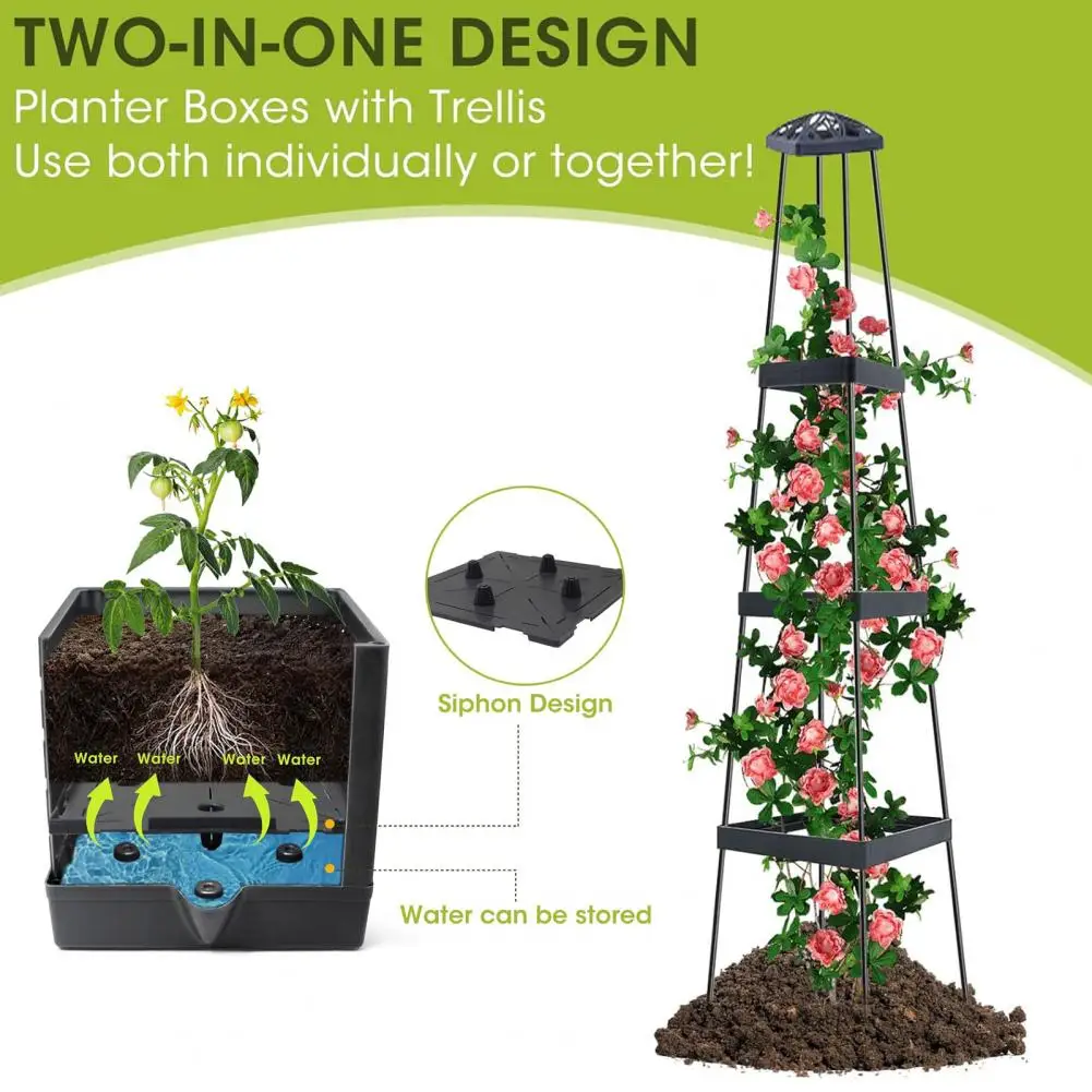 

Plastic Elevated Garden Bed with Trellis, Self-Watering Tomato Cage Planter Box for Climbing Plants, Vegetables, & Flowers