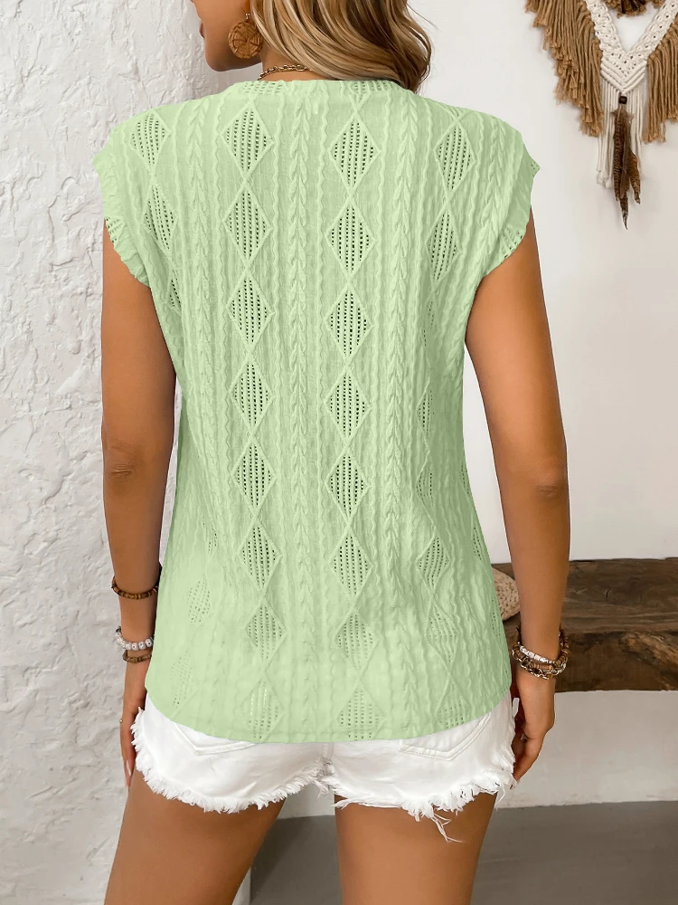 2025 Zomer Nieuwe Europese en Amerikaanse Vrouwen Kleding Effen Ronde Hals Jacquard Korte Mouw Losse T-shirt Vest Vrouwen Tops