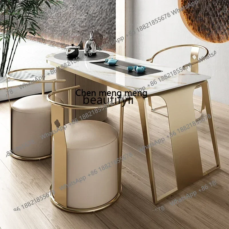 A182  Light Luxury Stone Plate Table-Chair Set Modern Minimalist Office Boiling Water Tea Double-Use Stainless Steel Balcony Te
