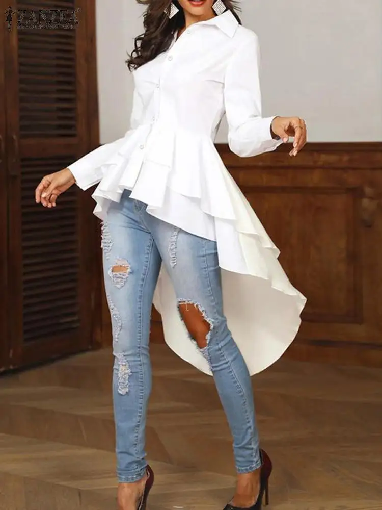 ZANZEA Autumn Elegant Long Sleeve Asymmetrical Blouse Stylish Solid Work Blusas Casual Party Top Fashion Women Ruffles Hem Shirt