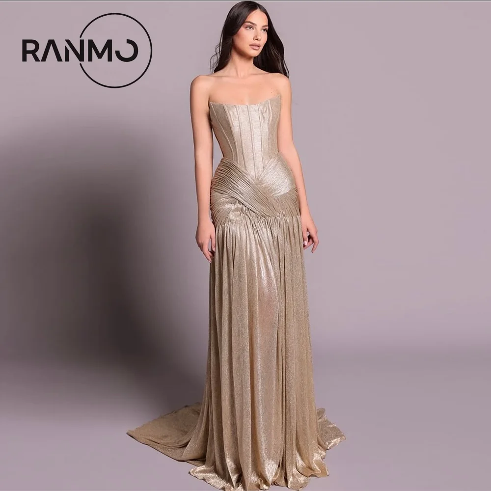 

Ranmo Gold Strapless Evening Dresses 2026 Sleeveless A-Line Backless Side Split Dress Pleated Wedding Party Dresses Customized