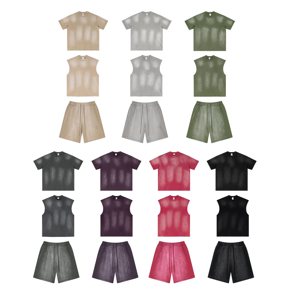 แฟชั่นใหม่ 2025 ฤดูร้อน สไตล์อเมริกัน เสื้อกล้ามงานฝีมือหนาแบบกลับด้านได้ เสื้อยืดชายรุ่ย ชุดเสื้อกั๊กขาดๆ กางเกงขาสั้น O6Y4