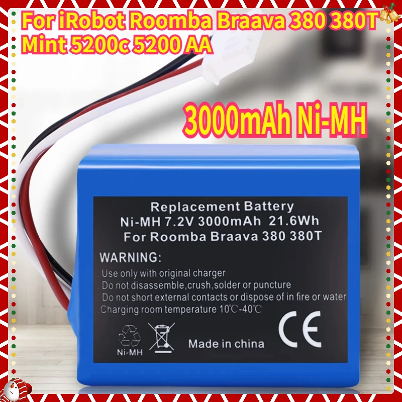 

7.2V 3000mAh Ni-MH Rechargeable Battery for iRobot Roomba Braava 380 380T Mint 5200c 5200 AA NiMH 3000mAh Battery Part