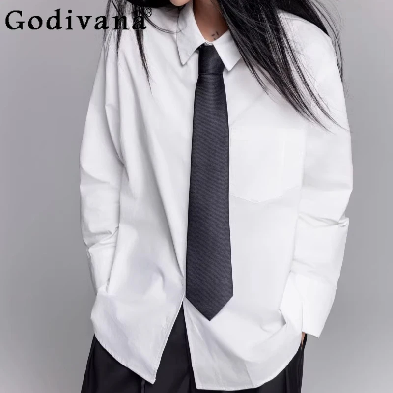 

White Spring Autumn Women Chic Turn-down Collar Solid Color Jk Versatile Shirt 2025 Loose Long Sleeve Versatile Age-reducing Top