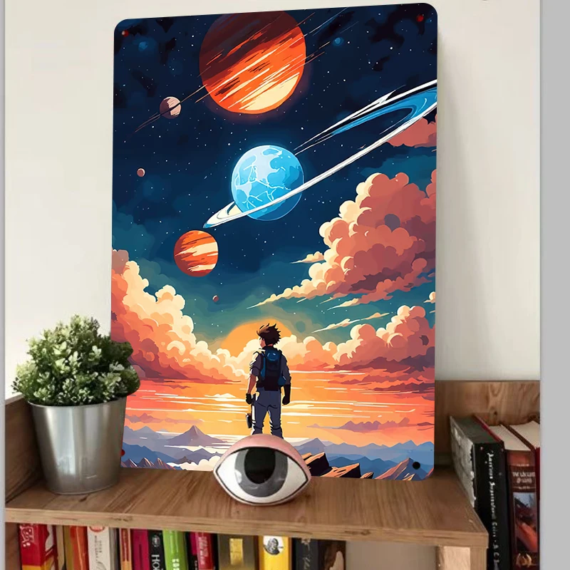 Cosmic Planet Illustration Metal Tin Sign Living Room Bedroom Decor Creative Home Wall Hanging Modern Simple Style