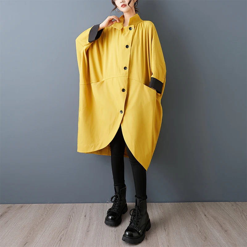 SuperAen الربيع والخريف جديد فضفاض الوقوف طوق الألوان المتناقضة Batwing الأكمام عارضة أزياء غير المتكافئة معاطف طويلة