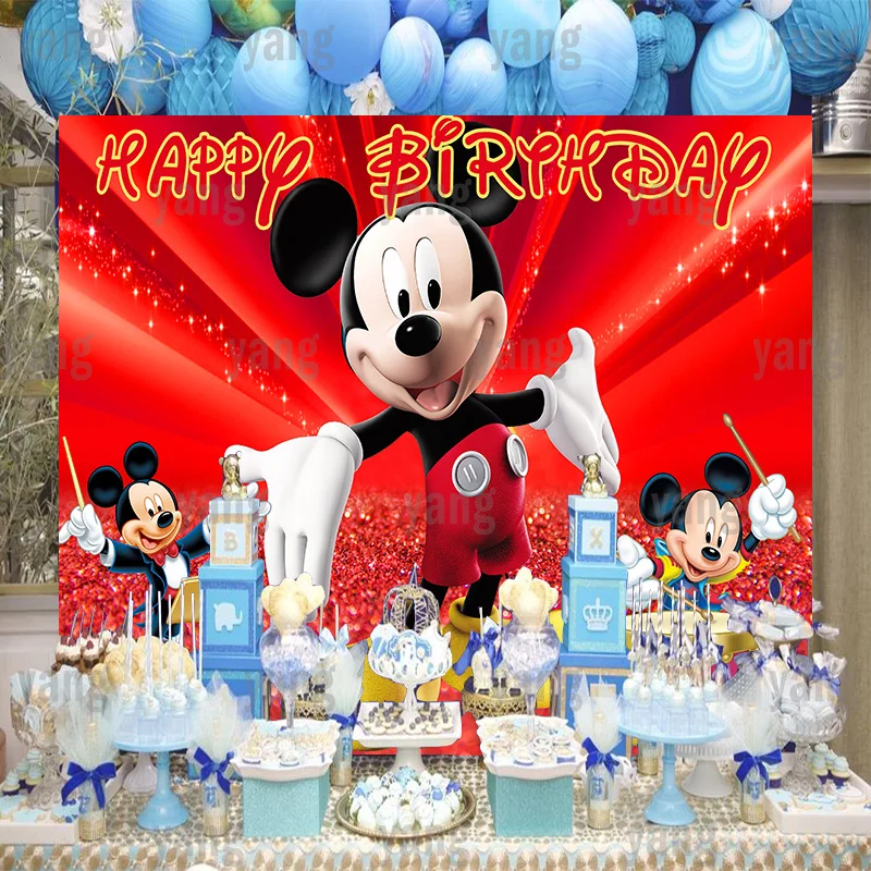 Custom Disney Cartoon Lovely Movie Star Mickey Mouse Birthday Party Decoration Red Stage Backdrop Photography Background