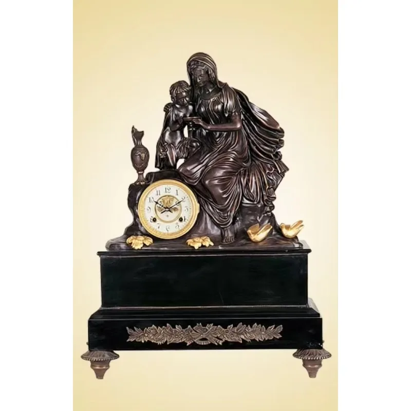 French Style Antique Mantel Brass Mother & Son Figure Marble Base Mechanical 7 Days Repeater Alarm Striking Table Clock /Watch