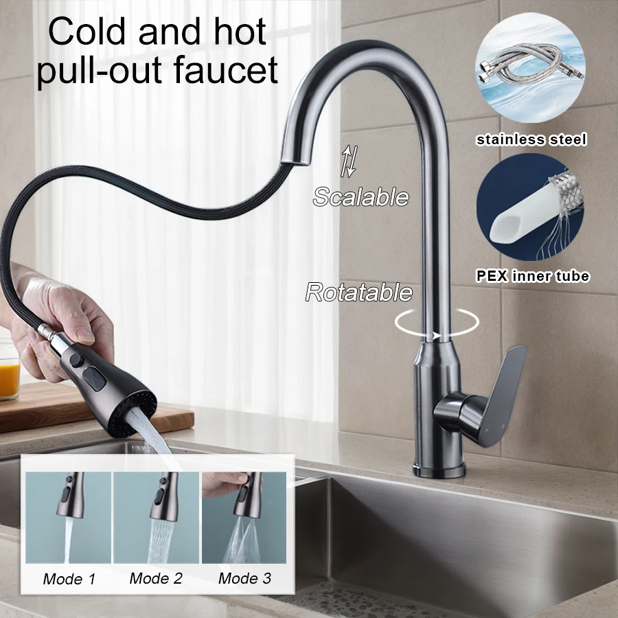 

Выдвижной кухонный смеситель с выдвижной и поворотной насадкой, три режима свободной регулировки подачи воды, однорычажный переключатель для горячей и холодной воды, подходит для кухонных и балконных раковин, прост в установке, практичный и эффективный по