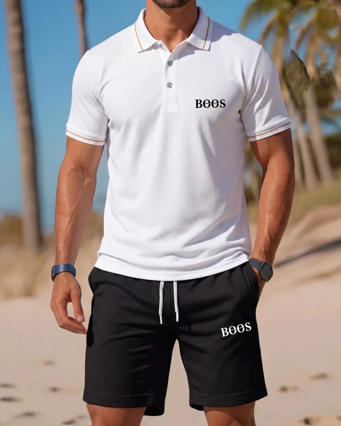 

Men's Classic Equestrian Horse Riding Logo Short Sleeve Polo Shirt & Black Shorts Set Beach Summer Casual Outfit