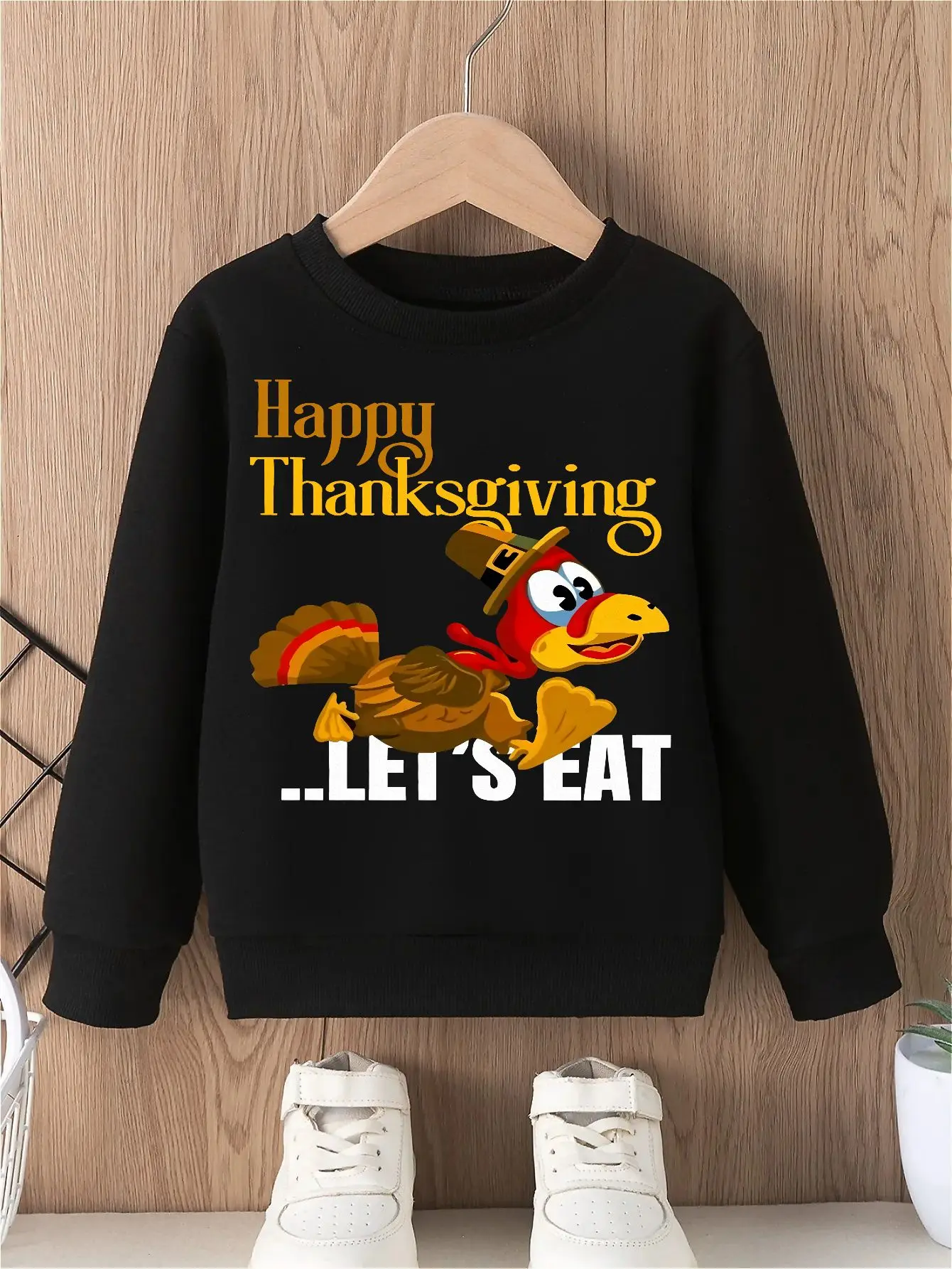 

Happy Thanksgiving Turkey Running Pose Boys' Hoodless Sweatshirt White Bold Text and Stylized Turkey Graphic on Black Background