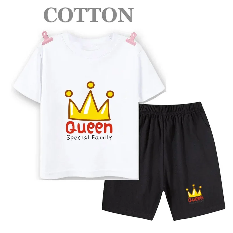 King Queen Children's Set Casual Kids Cotton T-shirt Boys Girls Summer Ventilate Top+Shorts Sports Sets 3-12 Year Old Clothing