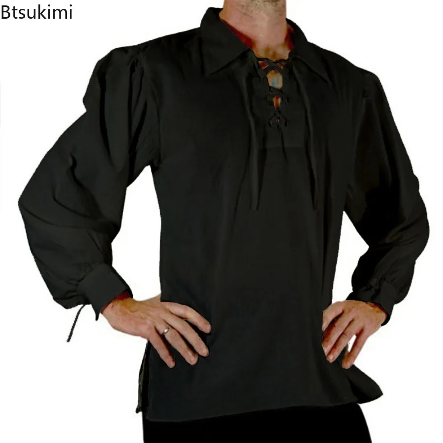 Lapel Strap Men Shirt Medieval Renaissance Cosplay Shirt Lace-up Long Sleeve Loose Fit for Adult Men's Historical Costume Men