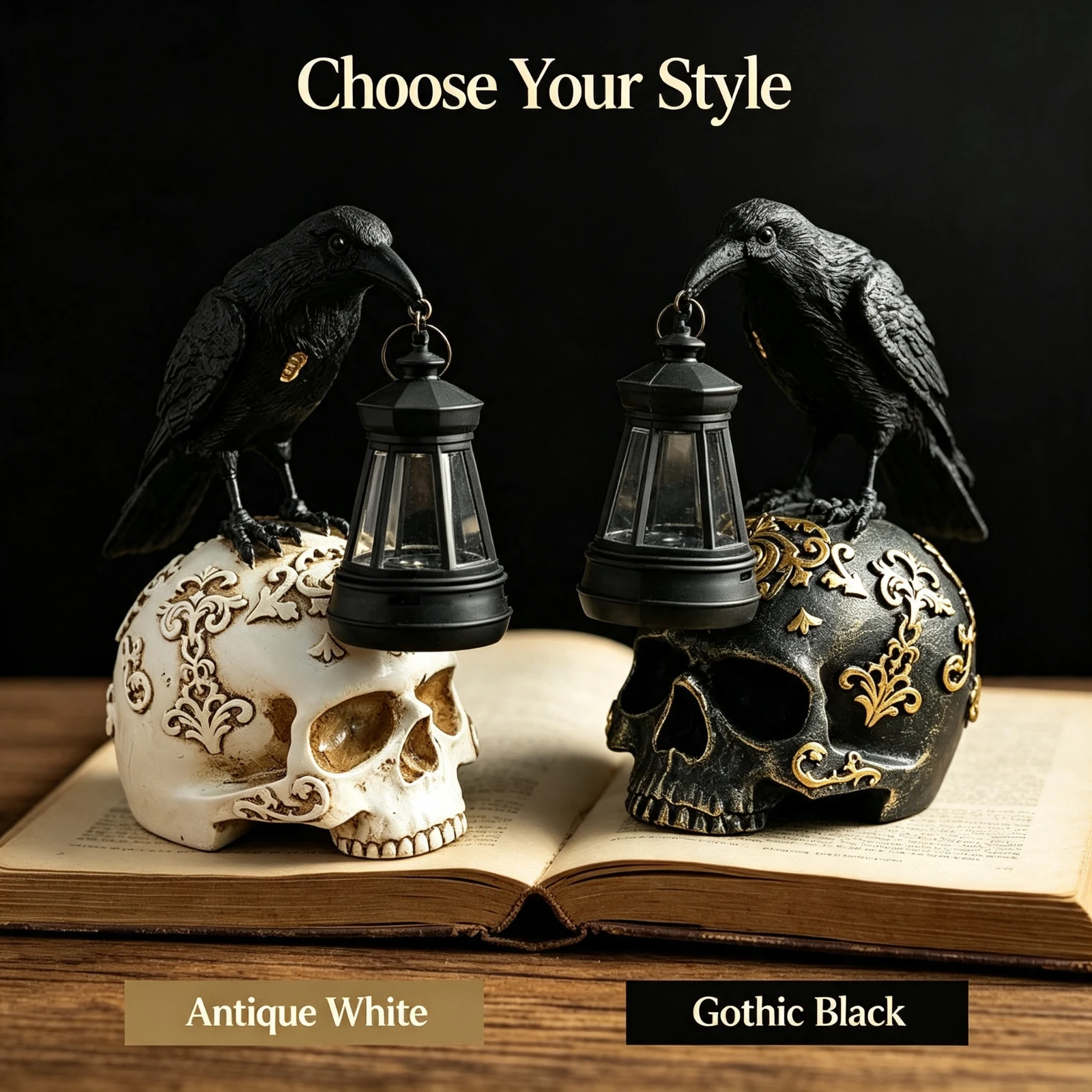 Solar LED Crow Skull Statue, Resin Gothic Raven Lamp Halloween, Decor Vintage Home Table Ornament, Spooky Party Prop Gift 1Pc