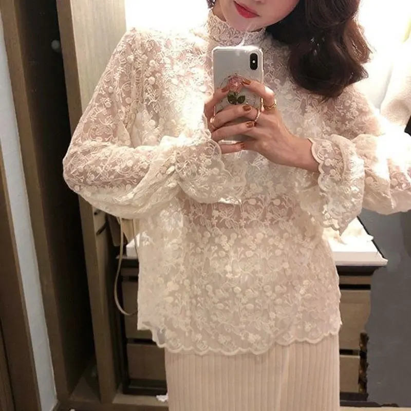 Office Lady Solid Color Lace Blouse Spring Autumn New Fashion All-match Half High Collar Female Casual Gauze Spliced Loose Shirt