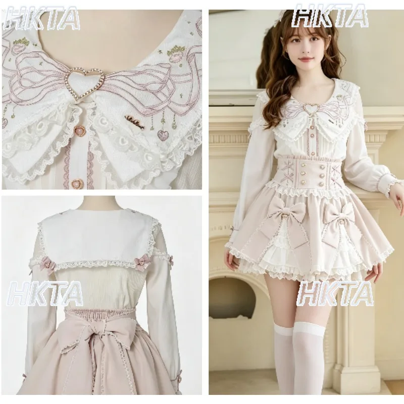 Japanese Sweet Waist Lace Embroidered Liz Shirt Autumn New Kawaii Pleated Off Shoulder Contrasting Color Lolita Blusas Top Women